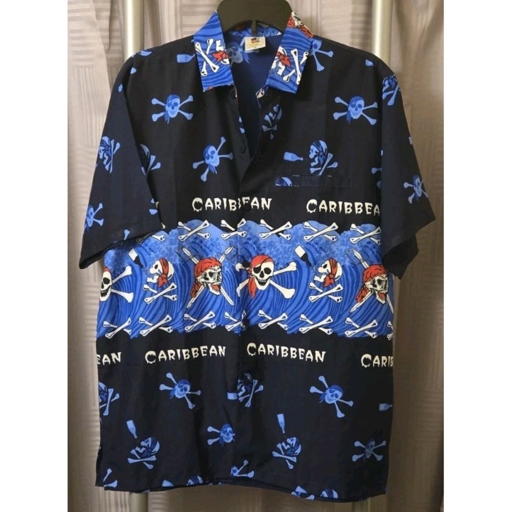 Rima Men's Sz M Pirate‎ Hawaiian Aloha Caribbean Tribal Button Up Shirt